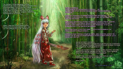 1girl bamboo bamboo_forest bamboo_forest_of_the_lost blood blunt_bangs bow colored_eyelashes artistic_error forest fujiwara_no_mokou full_body hair_bow hair_ornament highres limfoman long_hair looking_at_viewer machete nature outdoors red_eyes russian_text self-upload silver_hair solo standing sword text_focus touhou translated very_long_hair weapon wrong_hand