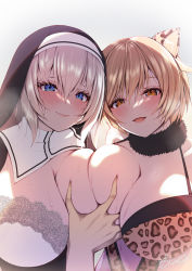 2girls animal_ears animal_print asami_asami black_headwear blonde_hair blue_eyes blush grabbing_another&#039;s_breast breasts brown_eyes cleavage closed_mouth commentary_request grabbing grey_hair highres leopard_ears leopard_girl leopard_print looking_at_viewer mole mole_under_eye multiple_girls nun original parted_lips smile upper_body rating:Sensitive score:27 user:danbooru