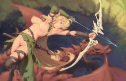  1girl arrow_(projectile) bigrbear black_thighhighs blonde_hair blue_eyes bow_(weapon) breasts chinese_clothes cleft_of_venus commentary dragon elbow_gloves elf gloves green_gloves highres large_breasts long_hair navel nipples original pointy_ears single_glove single_thighhigh thighhighs weapon  rating:Explicit score:46 user:danbooru