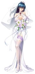 1girl alternate_costume blue_hair bouquet breasts breasts_apart bridal_veil bride dress elbow_gloves female_focus flower full_body garter_straps gloves hair_flower hair_ornament highres holding holding_bouquet igawa_asagi kagami_hirotaka large_breasts lilith-soft lily_(flower) long_hair looking_at_viewer official_alternate_costume see-through shiny_clothes shiny_skin solo standing taimanin_(series) taimanin_asagi taimanin_rpgx thighhighs veil wedding_dress white_dress white_flower white_gloves wide_hips rating:Sensitive score:82 user:jojosstand