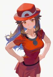  1girl ai-generated blush breasts brown_eyes brown_hair closed_mouth cowboy_shot creatures_(company) female_focus game_freak gb_5 hair_flaps hands_on_own_hips hat leaf_(pokemon) long_hair looking_at_viewer nintendo pokemon pokemon_firered_&amp;_leafgreen protagonist_(pokemon) red_shirt red_skirt shirt short_sleeves shorts sidelocks simple_background skirt smile solo standing white_background  rating:General score:4 user:nightsever