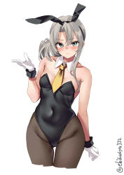 1girl animal_ears blush breasts collarbone content_rating covered_navel cropped_legs detached_collar ebifurya fake_animal_ears gloves green_eyes grey_hair highres kantai_collection leotard long_hair necktie nowaki_(kancolle) pantyhose playboy_bunny rabbit_ears simple_background small_breasts solo thighs twitter_username white_background white_gloves wrist_cuffs yellow_necktie rating:Sensitive score:15 user:danbooru