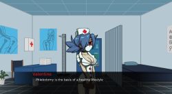  1girl bad_id bad_twitter_id bed bigdarkpp blue_hair breasts cabinet chair choker coat collarbone english_text hat highres mask mouth_mask notepad nurse nurse_cap pale_skin ponytail poster_(object) red_eyes second_dimension skullgirls solo standing surgical_mask table valentine_(skullgirls) visual_novel  rating:Sensitive score:59 user:penis322