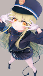 :o absurdres armband bad_tag belt black_belt black_footwear blue_archive blue_armband blush commentary_request demon_tail dot_nose gloves green_hair grey_background hair_between_eyes hands_up hat highres hikari_(blue_archive) long_hair military pantyhose pleated_skirt pointy_ears police_badge police_hat shirt_tucked_in short_eyebrows skirt tail very_long_hair wakaba_(945599620) white_gloves white_pantyhose yellow_eyes 