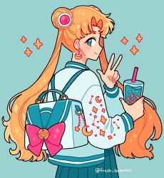  1girl alternate_costume artist_name backpack bag bag_charm bishoujo_senshi_sailor_moon blonde_hair blue_background blue_eyes blue_skirt bubble_tea charm_(object) commentary constellation_print cowboy_shot crescent crescent_earrings crescent_print cup disposable_cup double_bun drink drinking_straw drop_earrings earrings emily_kim english_commentary fingernails from_behind hair_bun hair_ornament holding holding_drink jacket jersey jewelry light_blush long_hair long_sleeves looking_at_viewer looking_back pleated_skirt puffy_long_sleeves puffy_sleeves sailor_moon simple_background skirt solo star_(sky) star_(symbol) star_print tsukino_usagi twintails v very_long_hair white_bag white_jacket 