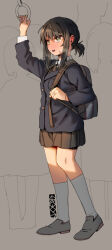  2girls 3others alternate_costume backpack bag black_bow black_bowtie black_skirt blazer blue_jacket blush bow bowtie brown_hair commentary_request ergot fubuki_(kancolle) full_body green_eyes grey_background grey_footwear jacket jewelry kantai_collection kneehighs long_sleeves low_ponytail medium_hair multiple_girls multiple_others open_mouth pleated_skirt ring school_bag shirt shoes sidelocks signature simple_background skirt socks solo_focus standing wedding_ring white_shirt white_socks 