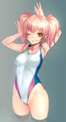  10s 1girl arm_behind_head armpits arms_up bosshi breasts cameltoe cleft_of_venus collarbone competition_swimsuit covered_erect_nipples covered_navel grin groin highleg highres idolmaster idolmaster_cinderella_girls in_water jougasaki_mika one-piece_swimsuit one_eye_closed original pink_hair smile solo swimsuit teeth twintails wading yellow_eyes  rating:Questionable score:81 user:danbooru