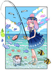  1girl barefoot beret bird blue_dress blue_hat blue_sky bow bowtie bucket candy_hair_ornament crescent crescent_print doughnut dress dress_bow female_focus fish fishing fishing_line fishing_rod food food-themed_hair_ornament gradient_hair green_eyes hair_ornament hairclip hat heterochromia highres himemori_luna himemori_luna_(sundress) holding hololive icing jewelry looking_at_viewer medium_hair moon_(symbol) moon_print multicolored_hair necklace ocean octopus off-shoulder_dress off_shoulder official_alternate_costume official_alternate_hairstyle pink_hair purple_eyes ribbon sailor_collar sailor_dress seagull sky sleeveless sleeveless_dress solo star_(symbol) star_print striped_ribbon uzumakiosushi virtual_youtuber waves white_bow white_bowtie  rating:General score:1 user:orochijes