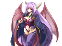  1girl :o alma_elma black_panties blue_cloak bmp-to-png_conversion breast_tattoo breasts bridal_gauntlets cleavage cloak demon_girl demon_horns demon_wings facial_tattoo feet_out_of_frame frfr game_cg grey_horns hair_between_eyes hand_on_own_hip highleg highleg_panties holding_own_tail horns large_breasts leg_tattoo long_hair looking_at_viewer mon-musu_quest! monster_girl navel non-web_source open_mouth panties pointy_ears prehensile_tail purple_bridal_gauntlets purple_hair purple_thighhighs red_eyes simple_background solo standing tail tattoo thighhighs transparent_background underwear very_long_hair wings 
