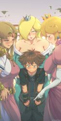  1boy 3girls age_difference bare_shoulders blonde_hair blue_eyes blush breasts brown_hair bulge cleavage crown dress earrings erection erection_under_clothes gloves hair_over_one_eye highres jewelry kingdom_hearts kingdom_hearts_iii large_breasts licking_lips long_hair mario_(series) multiple_girls nintendo open_mouth pointy_ears princess_peach princess_zelda rosalina short_hair shota size_difference smile sora_(kingdom_hearts) spiked_hair star_(symbol) star_earrings super_mario_bros._1 super_mario_galaxy super_smash_bros. the_legend_of_zelda the_legend_of_zelda:_a_link_between_worlds tongue tongue_out tyrone  rating:Sensitive score:96 user:danbooru