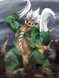  absurdres blurry blurry_background elfman_strauss explosion fairy_tail flatpancakesjim giant giant_monster gigan godzilla_(series) godzilla_vs._gigan highres hook_hand kaijuu monster monsterification muscular muscular_male smoke spiked_hair spiked_tail tail tattoo toho veiny_face white_hair 