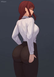  1girl absurdres artist_name ass ass_grab black_background black_pants braid breasts chainsaw_man from_behind grabbing_own_ass hand_on_own_ass highres huge_ass large_breasts lixiart long_hair long_sleeves makima_(chainsaw_man) pants red_hair shirt shirt_tucked_in solo tight_clothes tight_pants white_shirt yellow_eyes  rating:Questionable score:139 user:JustHere4Butts