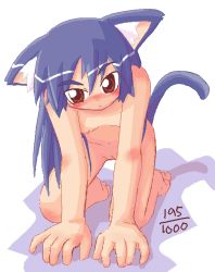 1girl all_fours animal_ears arm_support barefoot blue_hair blush brown_eyes cat_ears cat_girl cat_tail cleft_of_venus female_focus flat_chest full_body ikkyuu navel nipples nude oekaki original pussy simple_background solo tail text_focus uncensored rating:Explicit score:9 user:Tom23