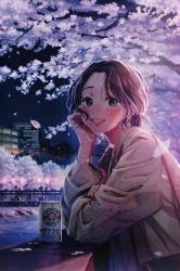 1girl absurdres arm_support beer_can blush bridge brown_eyes brown_hair brown_jacket building can cherry_blossoms drink_can earrings flower hand_up highres jacket jewelry leaning_forward long_sleeves looking_at_viewer night original outdoors parted_lips pink_flower ponytail railing river short_hair sky smile solo standing tree tsujin_bohboh rating:Sensitive score:4 user:danbooru
