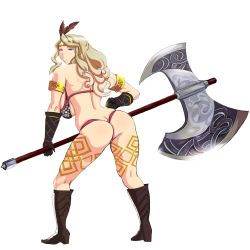  1girl absurdres amazon_(dragon&#039;s_crown) ass axe bomba_sex_king breasts dragon&#039;s_crown highres large_breasts muscular solo weapon white_background 
