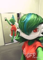  arm_at_side arm_up blue_hair cellphone closed_mouth clothed_pokemon creatures_(company) different_reflection gallade game_freak gardevoir gen_3_pokemon gen_4_pokemon green_hair hair_over_one_eye highres holding holding_phone indoors looking_at_viewer medium_hair mirror multicolored_hair napalm_express nintendo phone pokemon pokemon_(creature) red_eyes reflection selfie shirt short_sleeves smartphone smile standing t-shirt taking_picture two-tone_hair  rating:Sensitive score:33 user:danbooru