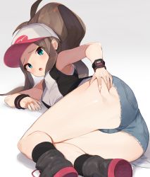  1girl ass ass_grab baseball_cap blush breasts brown_hair covered_erect_nipples creatures_(company) denim denim_shorts full_body game_freak grabbing_own_ass hat highres hilda_(pokemon) looking_at_viewer lying nintendo open_mouth pokemon pokemon_bw ponytail resized short_shorts shorts sleeveless small_breasts spring2013 third-party_edit upscaled vest  rating:Sensitive score:192 user:lolipowerx3
