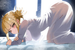  1girl absurdres all_fours bags_under_eyes blonde_hair boku_no_hero_academia breasts closed_mouth commentary double_bun hair_bun hanging_breasts highres indoors large_breasts looking_at_viewer messy_hair see-through see-through_shirt see-through_silhouette sidelocks slit_pupils smile solo toga_himiko window yellow_eyes zd_(pixiv6210083)  rating:Questionable score:24 user:danbooru