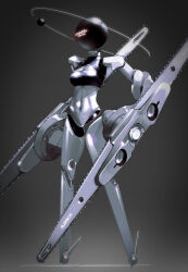  1girl absurdres breasts chainsaw grey_background highres in_orbit joints medium_breasts navel no_feet orb original oversized_forearms oversized_limbs robot_girl robot_joints saltfacer solo standing 