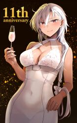  1girl absurdres alternate_costume alternate_hairstyle asymmetrical_bangs black_background breasts cleavage closed_mouth commentary_request covered_navel cup dark-skinned_female dark_skin dress grey_hair hair_behind_ear hair_between_eyes halterneck happy_anniversary highres holding holding_cup jewelry kantai_collection large_breasts long_hair looking_at_viewer low_twintails musashi_(kancolle) rectangular_eyewear red_eyes ring semi-rimless_eyewear sleeveless sleeveless_dress smile solo tight_clothes tight_dress twintails very_long_hair wedding_ring white_nails yunamaro 
