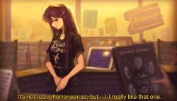  1girl 1other absurdres band_shirt black_pants black_shirt blockbuster blurry blush breasts commentary counter depth_of_field doki_doki_literature_club donnie_darko doremyart dusk dvd_(object) dvd_case english_commentary english_text hair_ornament hair_over_shoulder hairclip highres long_hair looking_at_viewer looking_to_the_side medium_breasts merchandise monitor my_chemical_romance own_hands_together pants parted_lips people point-of-sale_system poster_(object) purple_hair raised_eyebrows shelf shirt shop short_sleeves sign smile solo_focus standing sticky_note subtitled t-shirt window yuri_(doki_doki_literature_club) 