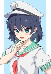 1girl :d absurdres anchor_symbol asuka_shirou black_hair blue_eyes commentary_request flat_chest green_sailor_collar hat highres light_blush murasa_minamitsu neckerchief open_mouth puffy_short_sleeves puffy_sleeves red_neckerchief sailor_collar sailor_hat sailor_shirt shirt short_hair short_sleeves smile solo touhou upper_body white_hat white_shirt 