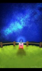  2elu2 absurdres arms_up blush_stickers bright_pupils crystal fence full_body galaxy grass happy_birthday highres kirby kirby_(series) looking_at_viewer night nintendo no_humans on_grass open_mouth outdoors shadow sky star_(sky) starry_sky white_pupils wooden_fence 