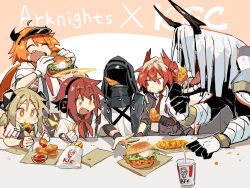  1other 4girls arknights burger character_request chicken_leg chicken_nuggets croissant_(arknights) cup disposable_cup doctor_(arknights) eating exusiai_(arknights) fiammetta_(arknights) food french_fries highres ifrit_(arknights) kfc multiple_girls mutomorokoshi product_placement shared_food soda 