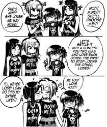  3girls 3koma :3 anger_vein blush closed_eyes collar comic corrupted_twitter_file crop_top cropped_shirt doom-metal-girl_(grs-) emo-girl_(grs-) english_text goth-girl_(grs-) greyscale grs- heart highres himejoshi kiss long_hair monochrome multiple_girls no_mouth original short_hair spiked_collar spikes yuri 