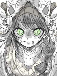  1girl armor blood blood_from_mouth blood_on_face braid braided_ponytail chime_(nikke) goddess_of_victory:_nikke green_eyes greyscale helmet injury looking_at_viewer monochrome neck_armor nightwalk4869 shaded_face sleeveless sleeveless_sweater solo spot_color sweater tearing_up 