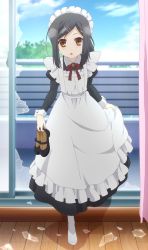 1girl apron bedroom black_hair broken_window dress fate/kaleid_liner_prisma_illya fate_(series) feet hair_ornament hairclip indoors long_dress long_hair long_skirt looking_at_viewer maid maid_apron maid_headdress miyu_edelfelt neck_ribbon open_mouth ribbon screencap shoes silver_link skirt sky solo stitched third-party_edit unworn_shoes ushijima_nozomi window wrist_cuffs yellow_eyes rating:General score:28 user:deltaonix
