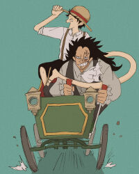  &gt;:) 2boys adjusting_clothes adjusting_headwear aqua_background ascot black_hair black_shorts black_vest closed_eyes driving facial_scar facial_tattoo father_and_son frilled_sleeves frills grey_shirt hat highres long_hair minecart monkey_d._dragon monkey_d._luffy multiple_boys one_piece open_mouth scar scar_on_cheek scar_on_face shirt shorts sleeves_rolled_up straw_hat stretched_limb suspenders tattoo teeth v-shaped_eyebrows vest white_ascot white_shirt widow&#039;s_peak 