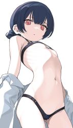 1girl absurdres bare_shoulders bikini black_bikini black_hair breasts buckle cowboy_shot from_below gluteal_fold hair_bun highres idolmaster idolmaster_shiny_colors looking_at_viewer looking_down micro_bikini morino_rinze navel open_clothes open_shirt parted_lips red_eyes shirt short_hair signalviolet simple_background single_hair_bun small_breasts solo stomach swimsuit underboob white_background white_shirt rating:Questionable score:140 user:danbooru