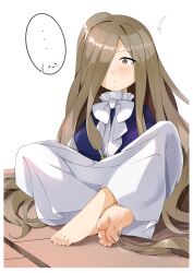  ... 1girl absurdres barefoot blush bow brown_eyes brown_hair chashuwu chinese_commentary commentary_request dress hair_over_one_eye highres long_bangs long_hair on_floor sense_(sousou_no_frieren) sitting soles solo sousou_no_frieren spoken_ellipsis surprised tickling tickling_feet toes very_long_hair white_bow white_dress  rating:Sensitive score:15 user:danbooru