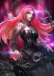  1girl alternate_costume alternate_hair_color alternate_hairstyle armband cglas chain cosplay gradient_background highres instrument league_of_legends long_hair pentakill pentakill_(league_of_legends) pentakill_sona realistic red_hair solo sona_(league_of_legends) tattoo  rating:Sensitive score:28 user:danbooru