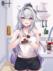  +_+ 1girl :d ahoge birthday_cake black_shorts breasts cake cake_slice commentary commission cowboy_shot dolphin_shorts english_commentary fadill_adelia food fork holding holding_fork holding_plate honkai_(series) honkai_impact_3rd indoors kiana_kaslana kiana_kaslana_(herrscher_of_finality) kitchen long_hair looking_at_viewer medium_breasts open_mouth plate purple_eyes second-party_source shirt shorts sleeveless smile solo spaghetti_strap table teeth upper_teeth_only very_long_hair white_hair white_shirt 