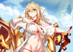  1girl ahoge blonde_hair bow bracelet breasts cloud commentary_request fate/grand_order fate_(series) green_eyes groin hair_bow hair_intakes hand_on_own_chest jewelry kurozawa_yui long_hair looking_at_viewer navel nero_claudius_(fate) nero_claudius_(fate)_(all) nero_claudius_(swimsuit_caster)_(fate) outdoors sky solo swimsuit sword turret weapon 
