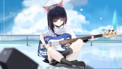  1girl :o absurdres akihoop animal_ears bare_legs bass_guitar black_footwear black_hair black_skirt black_socks blue_archive blue_sky blurry cable cat_ears cloud cloudy_sky colored_inner_hair cumulonimbus_cloud depth_of_field full_body halo highres indian_style instrument jewelry kazusa_(band)_(blue_archive) kazusa_(blue_archive) kneehighs light_blush loafers looking_down mask mask_pull medium_hair mouth_mask multicolored_hair multiple_rings multiple_wristbands music on_floor pink_hair pink_halo playing_instrument pleated_skirt print_shirt railing red_eyes reflective_floor ring shirt shoes sitting skirt sky slit_pupils socks sticker streaked_hair tsurime two-tone_hair white_shirt 