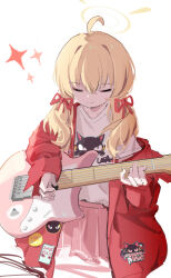  1girl absurdres ahoge blonde_hair blue_archive closed_eyes coat cropped_legs electric_guitar guitar hair_ribbon halo highres holding holding_plectrum instrument light_smile logo long_hair m_mmig official_alternate_costume pink_skirt playing_guitar plectrum red_coat ribbon shirt simple_background skirt solo sparkle twintails white_background white_shirt yoshimi_(band)_(blue_archive) yoshimi_(blue_archive) 