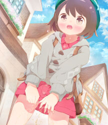 1girl 22m backpack bag beret blue_sky blush brown_eyes brown_hair buttons cardigan cloud cowboy_shot creatures_(company) day dress dutch_angle embarrassed female_focus flat_chest flower flying_sweatdrops game_freak gloria_(pokemon) green_hat grey_cardigan hat highres house loli long_sleeves looking_down matching_hair/eyes nintendo open_mouth outdoors pee peeing peeing_self pink_dress pink_flower pokemon pokemon_swsh raised_eyebrows short_dress short_hair sidelocks sky solo standing tears teeth thighs wide-eyed window rating:Questionable score:66 user:AngryZapdos