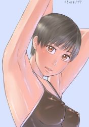 1girl armpits ayumu_(zenkou) black_hair blue_background breasts brown_eyes covered_erect_nipples dated head_tilt impossible_clothes looking_at_viewer open_mouth original shiny_skin short_hair simple_background solo sports_bra tank_top upper_body zenkou rating:Questionable score:20 user:danbooru