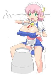  1girl ahoaho bell blush breasts cleavage cowbell covered_erect_nipples female_focus green_eyes horns huge_breasts huge_nipples long_nipples lotte_no_omocha! maid milk nipples open_mouth panties pink_hair pointy_ears sitting solo stick_nipples tail underwear 
