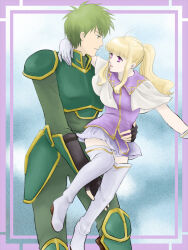  1boy 1girl arm_around_neck armor blonde_hair boots bridal_gauntlets carrying clarine_(fire_emblem) fingerless_gloves fire_emblem fire_emblem:_the_binding_blade gloves green_armor green_hair lance_(fire_emblem) looking_at_another nintendo open_mouth purple_eyes suzu007 thigh_boots white_footwear 