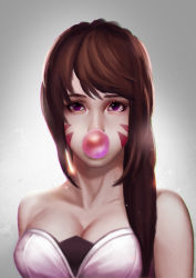 1girl absurdres alternate_eye_color bare_shoulders bodysuit breasts brown_hair blowing_bubbles chewing_gum cleavage collarbone d.va_(overwatch) dress eyelashes eyeliner facepaint facial_mark gradient_background hair_over_shoulder highres long_hair looking_at_viewer makeup medium_breasts nose overwatch overwatch_1 portrait purple_eyes revision sidelocks solo strapless strapless_dress swept_bangs upper_body whisker_markings xiaoxiaoxiaomo