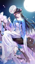  1girl bad_id bad_twitter_id barefoot black_hair blue_dress blue_eyes branch chinese_clothes chinese_commentary collarbone dress flower full_body hair_behind_ear hanfu head_tilt highres holding jiushi_shijiu korean_commentary moon night night_sky original pink_flower qixiong_ruqun sitting sky smile solo 