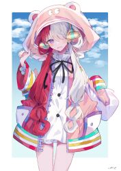 1girl absurdres artist_name black_ribbon blush border cloud commentary_request cowboy_shot dress hair_over_one_eye hair_rings headphones highres hood hood_up hooded_jacket jacket long_hair long_sleeves looking_at_viewer multicolored_hair neck_ribbon one_piece one_piece_film:_red open_clothes open_jacket open_mouth outside_border pink_jacket purple_eyes red_hair ribbon sky solo split-color_hair two-tone_hair umemaro_(siona0908) uta_(one_piece) white_border white_dress white_hair rating:General score:3 user:danbooru