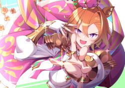  1girl animal_ears breasts brown_hair cape commentary_request cowboy_shot crown ear_piercing hair_between_eyes hair_ornament highres horse_ears horse_girl jewelry long_sleeves looking_at_viewer mate_(oktavia1121) medium_breasts mini_crown multiple_rings orange_hair outstretched_hand piercing pink_cape purple_eyes reaching reaching_towards_viewer ring shirt short_hair smile solo sparkle t.m._opera_o_(umamusume) umamusume white_shirt 
