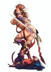  1girl ass blush breasts brown_eyes brown_hair hairband imminent_rape large_breasts long_hair looking_back monster oda_non open_mouth restrained screaming sideboob simple_background struggling sword tentacles torn_clothes weapon white_background yuusha_marudea  rating:Questionable score:48 user:esandweiss