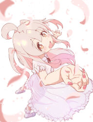  1girl :d absurdres ahoge blurry blush bright_pupils brown_eyes collared_dress commentary_request depth_of_field dress falling_petals foreshortening frilled_dress frills from_above hair_between_eyes happy highres lips long_dress long_hair looking_at_viewer nail_polish neck_ribbon official_alternate_costume onii-chan_wa_oshimai! open_mouth oyama_mahiro petals pink_hair pink_nails red_ribbon ribbon shiina_excel smile socks solo standing sundress tareme two_side_up white_background white_dress white_footwear white_socks 