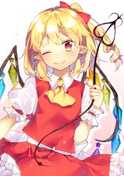  1girl ascot back_bow blonde_hair bow breasts chisiro_unya_(unya_draw) closed_mouth collared_shirt crystal dated flandre_scarlet frilled_skirt frilled_sleeves frills hair_bow heart highres holding laevatein_(touhou) large_bow light_smile looking_at_viewer medium_hair multicolored_wings no_headwear one_eye_closed one_side_up pointy_ears red_bow red_eyes red_ribbon red_skirt red_vest ribbon shirt simple_background skirt skirt_set sleeve_ribbon small_breasts solo touhou vest white_background white_bow white_shirt wings wrist_cuffs yellow_ascot 